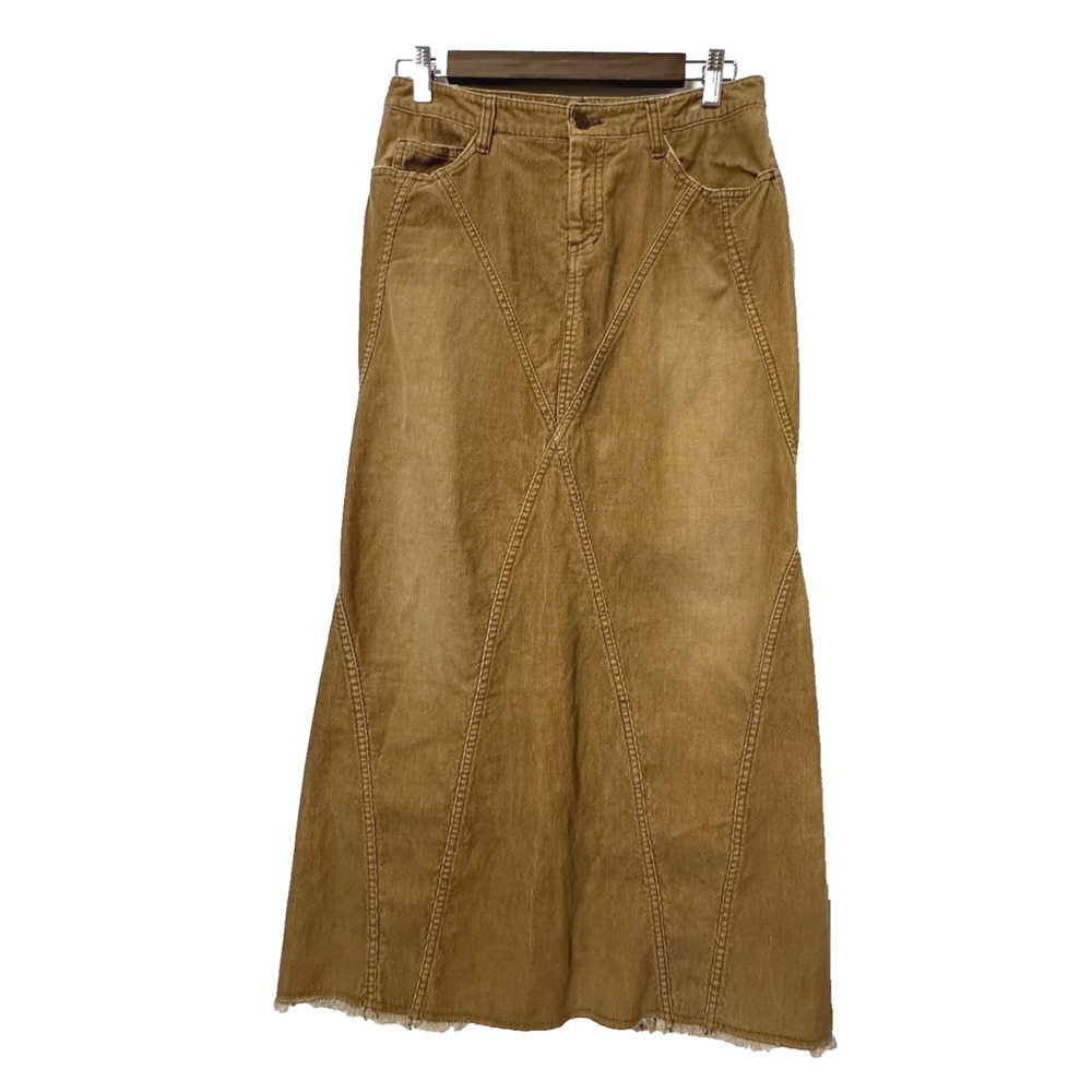 Vintage Y2K American Eagle Womens 2 Caramel Brown Corduroy Frayed Hem Maxi Skirt